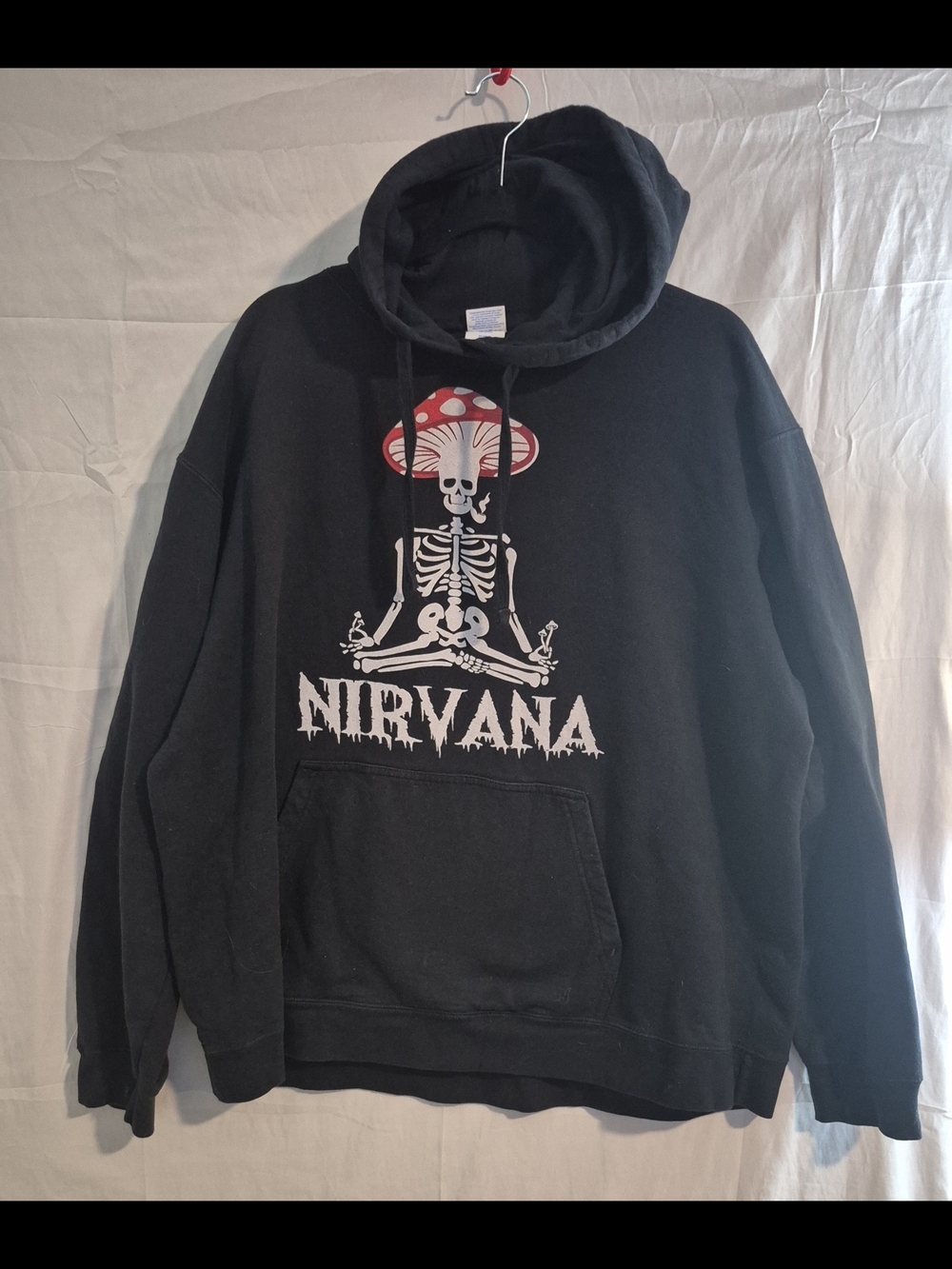 NIRVANA Black Hoodie with Red & White Mushroom Skeleton Graphic